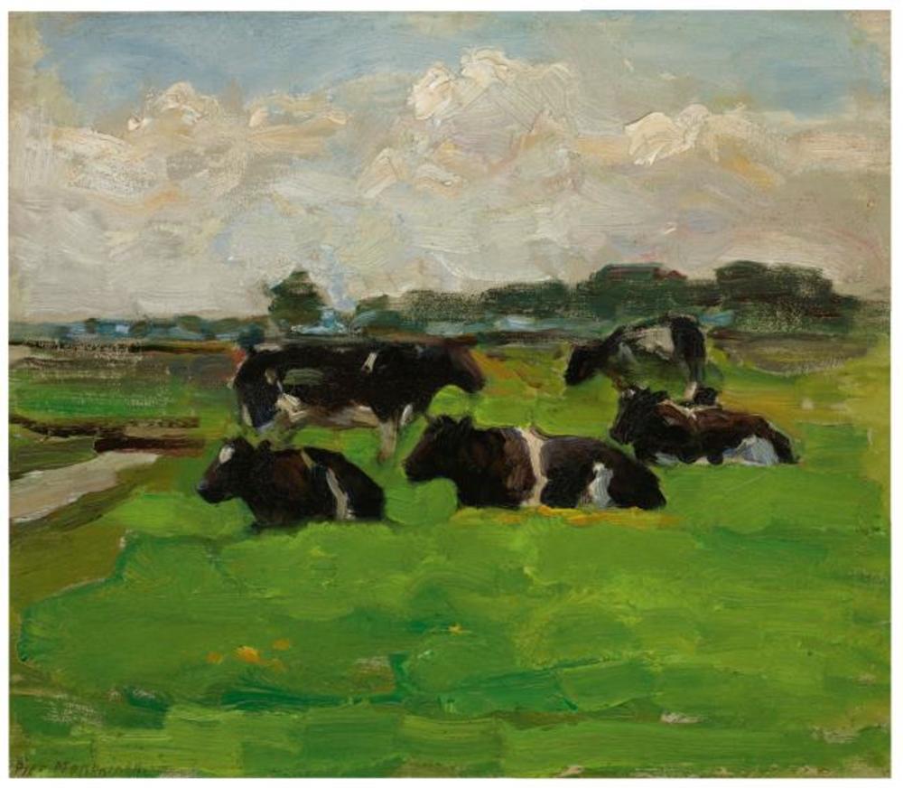 Reproduction du tableau « Paysage de polders avec un groupe de cinq vaches - Piet Mondrian » par Alpha Reproduction en peinture à l’huile