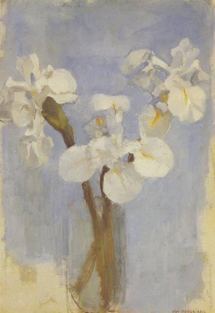 Reproduction du tableau « Iris blancs sur fond bleu clair II - Piet Mondrian » par Alpha Reproduction en peinture à l’huile
