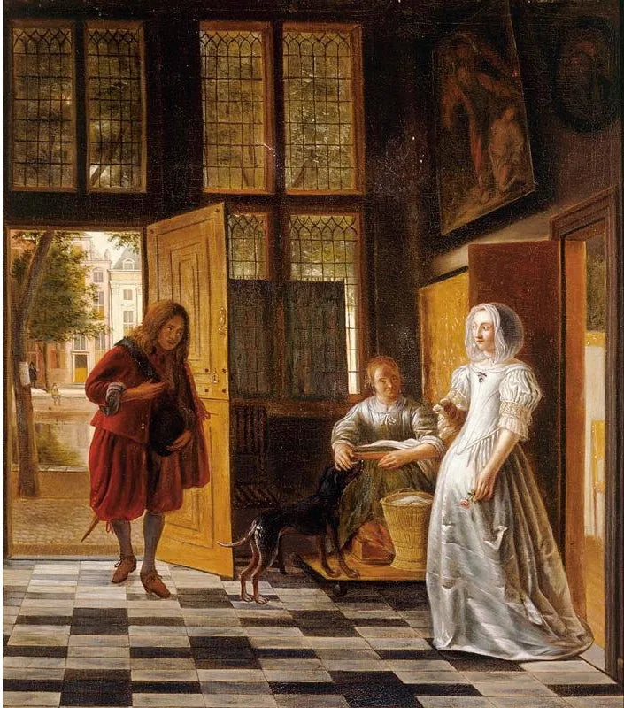 Une femme recevant un homme dans la porte - Samuel van Hoogstraten image 1 reproduction de peinture à l’huile