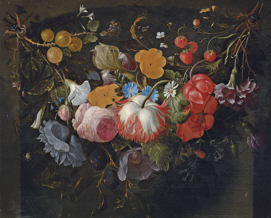 Guirlande de fleurs, fruits et roses dans une niche – Pieter Gallis