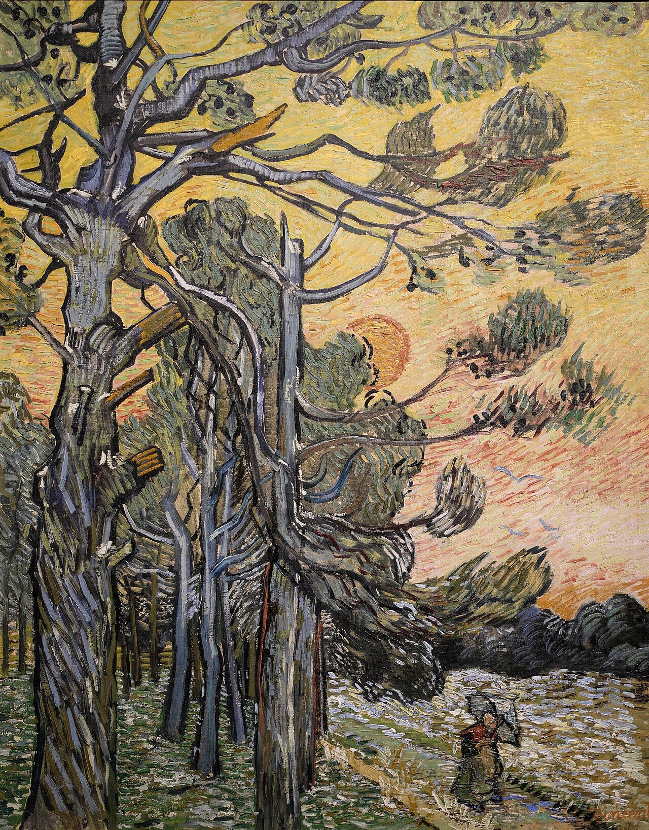 Spilli contro un cielo rosso con sole al tramonto - Vincent van Gogh