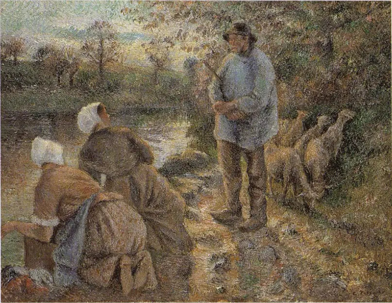 Reproduction du tableau « Berger et laveuses à Montfoucault - Camille Pissarro » par Alpha Reproduction en peinture à l’huile