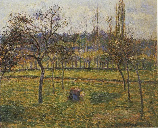 Reproduction du tableau « Le fond du pré à Éragny avec une femme ramassant de l'herbe - Camille Pissarro » par Alpha Reproduction en peinture à l’huile