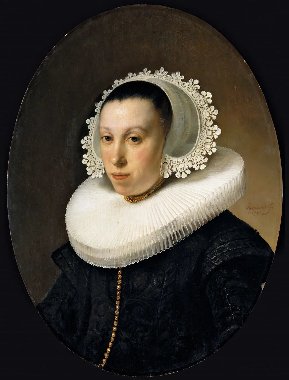 Reproduction du tableau « Portrait d'une femme au collier de meule - Rembrandt » par Alpha Reproduction en peinture à l’huile