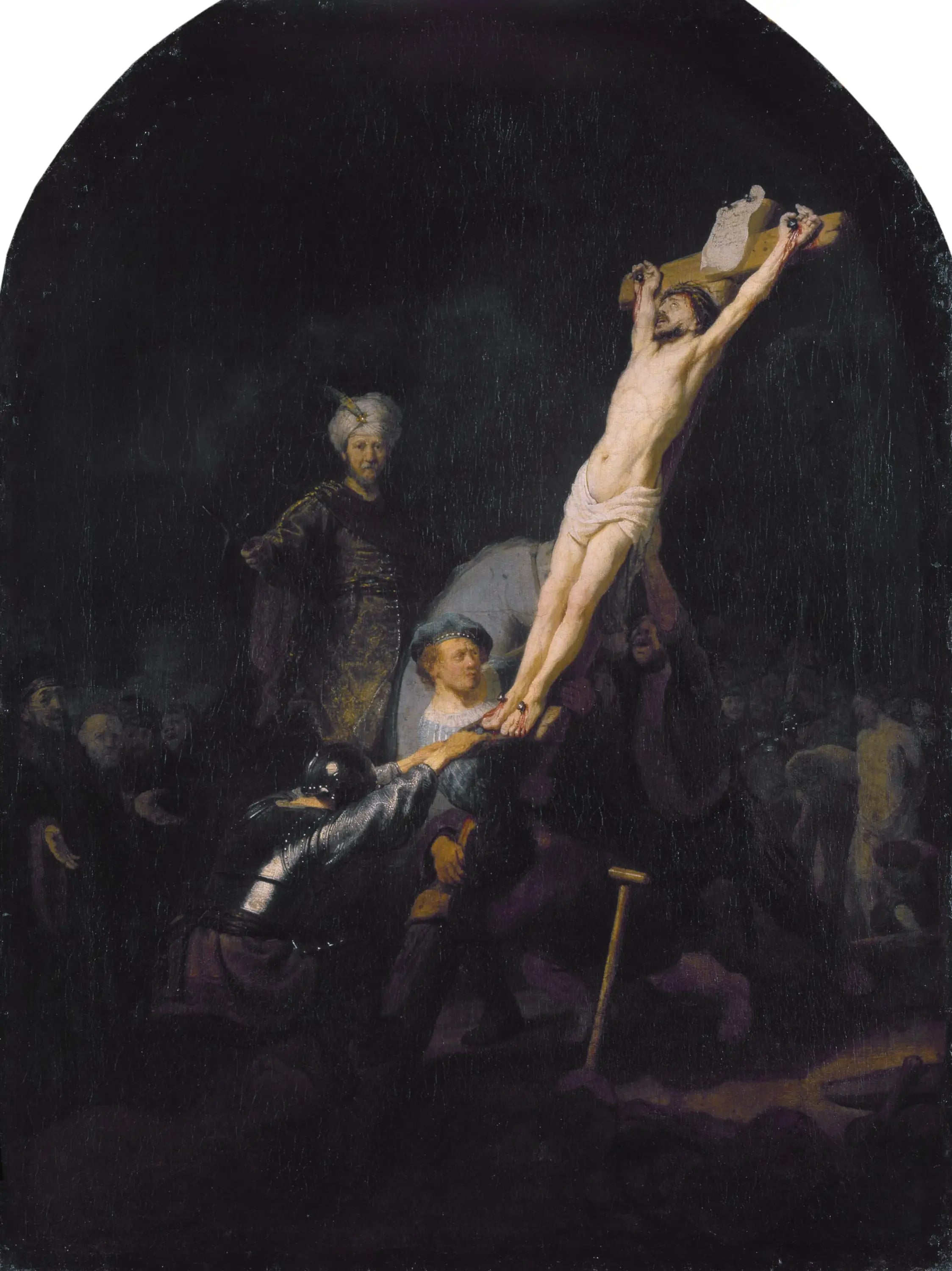 Reproduction du tableau « L'Érection de la croix - Rembrandt » par Alpha Reproduction en peinture à l’huile