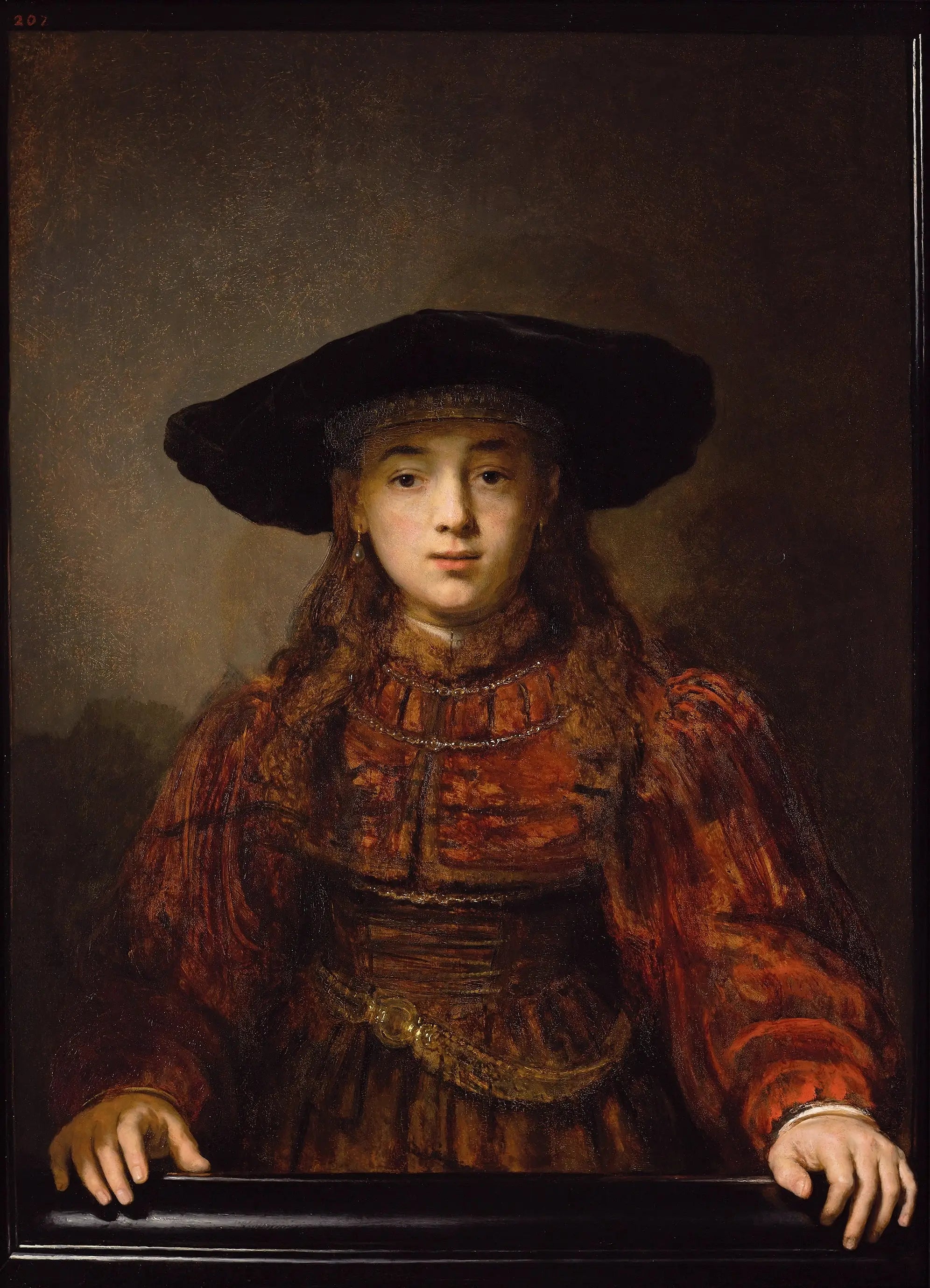 Reproduction du tableau « Jeune Fille au cadre - Rembrandt » par Alpha Reproduction en peinture à l’huile