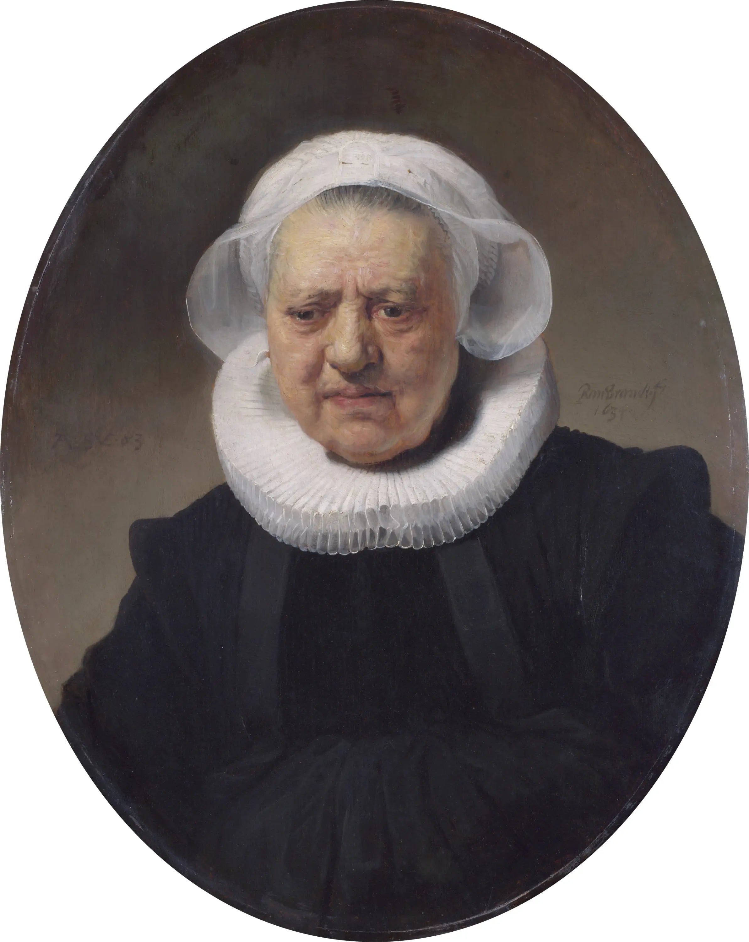 Reproduction du tableau « Portrait d'une femme de 83 ans (peut-être Aechje Claesdr, mère de Dirck Jansz Pesser) - Rembrandt » par Alpha Reproduction en peinture à l’huile