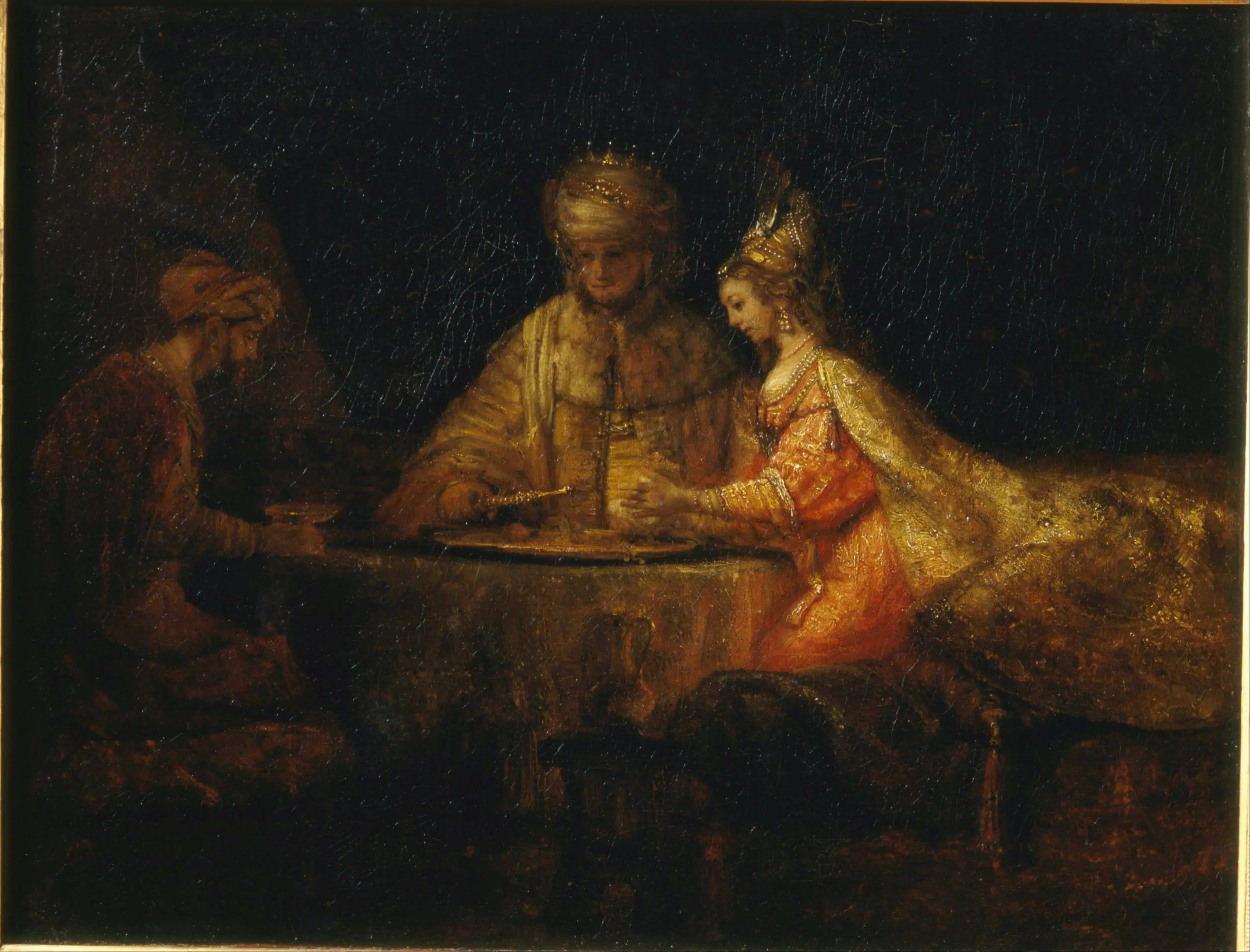 Reproduction du tableau « Assuérus et Haman au festin d'Esther - Rembrandt » par Alpha Reproduction en peinture à l’huile