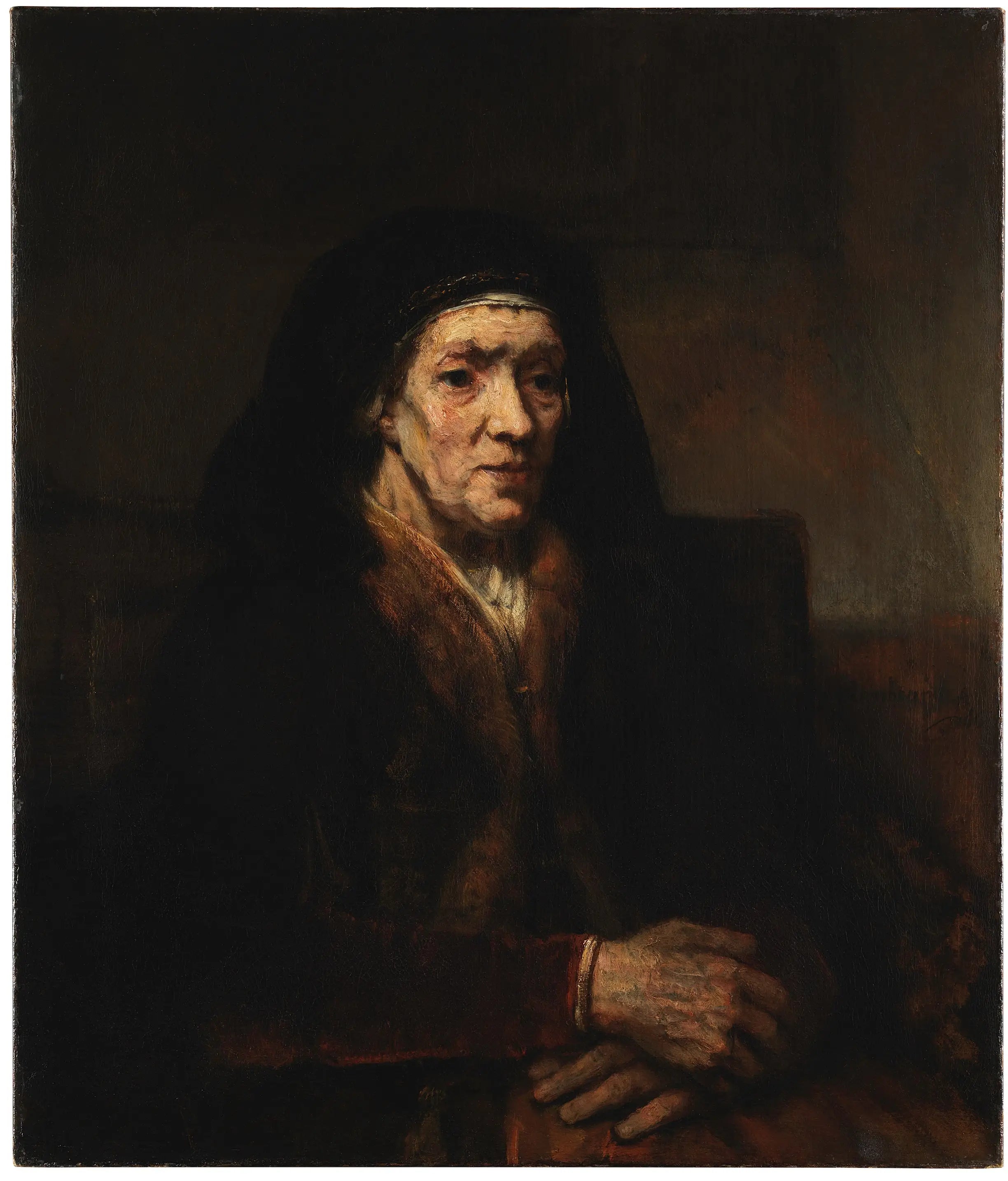 Reproduction du tableau « Portrait d'une femme assise, les mains jointes - Rembrandt » par Alpha Reproduction en peinture à l’huile