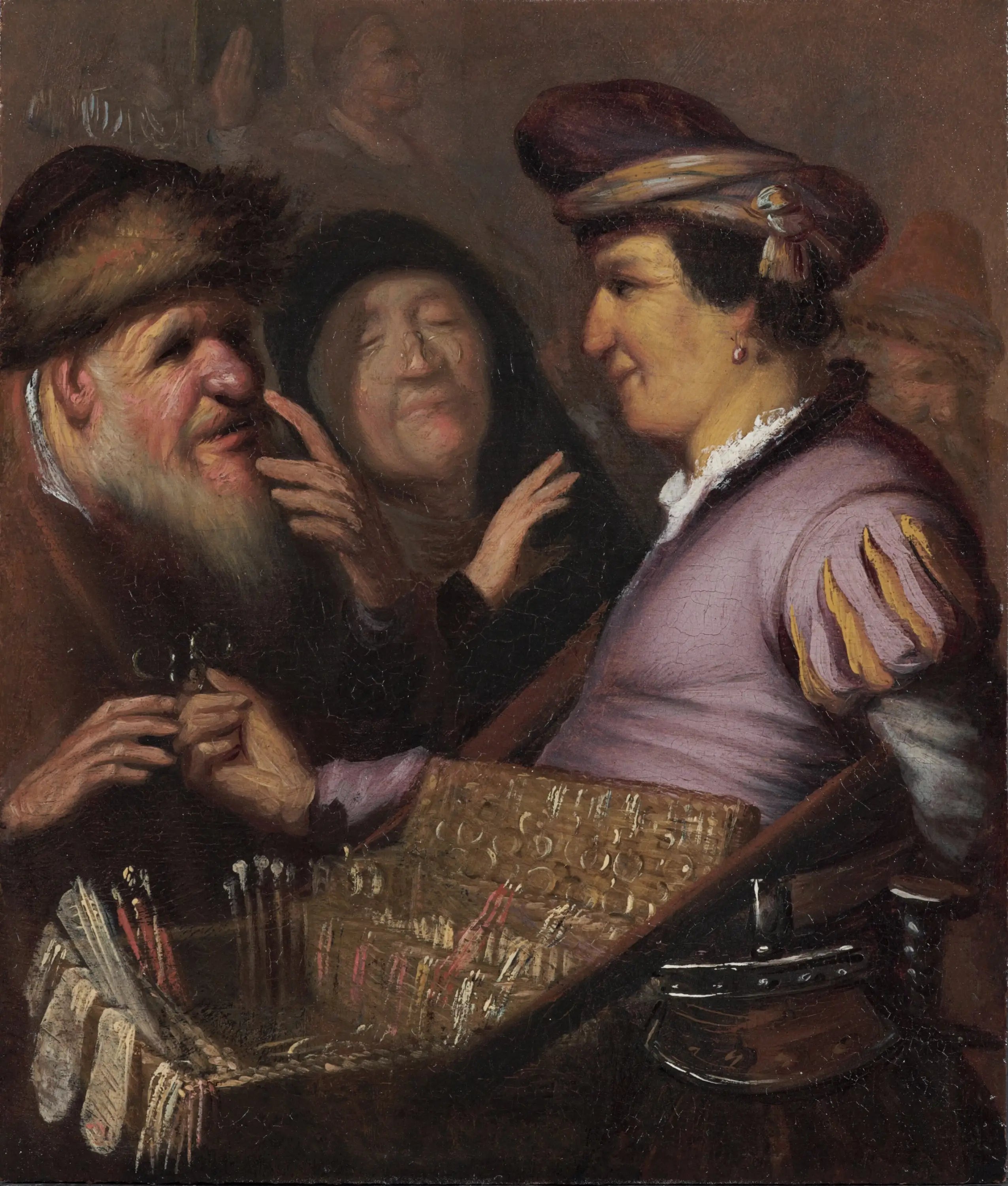 Reproduction du tableau « Le vendeur de lunettes (Un colporteur vendant des lunettes, Vue) - Rembrandt » par Alpha Reproduction en peinture à l’huile