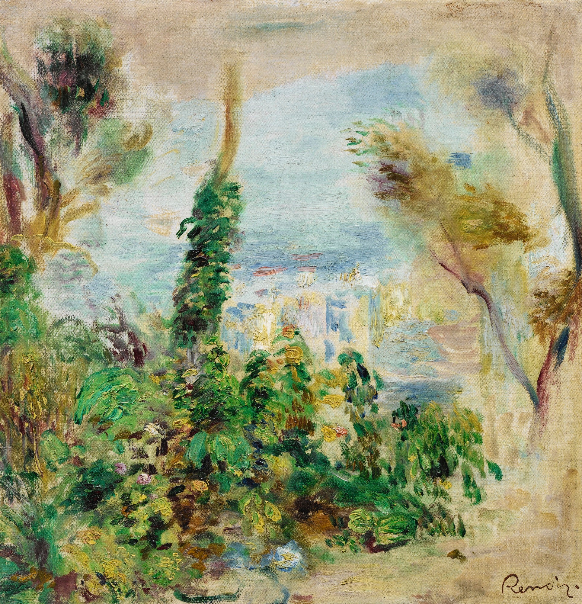 Reproduction du tableau « Paysage, au premier plan fleurs grimpantes, au fond maisons - Pierre-Auguste Renoir » par Alpha Reproduction en peinture à l’huile