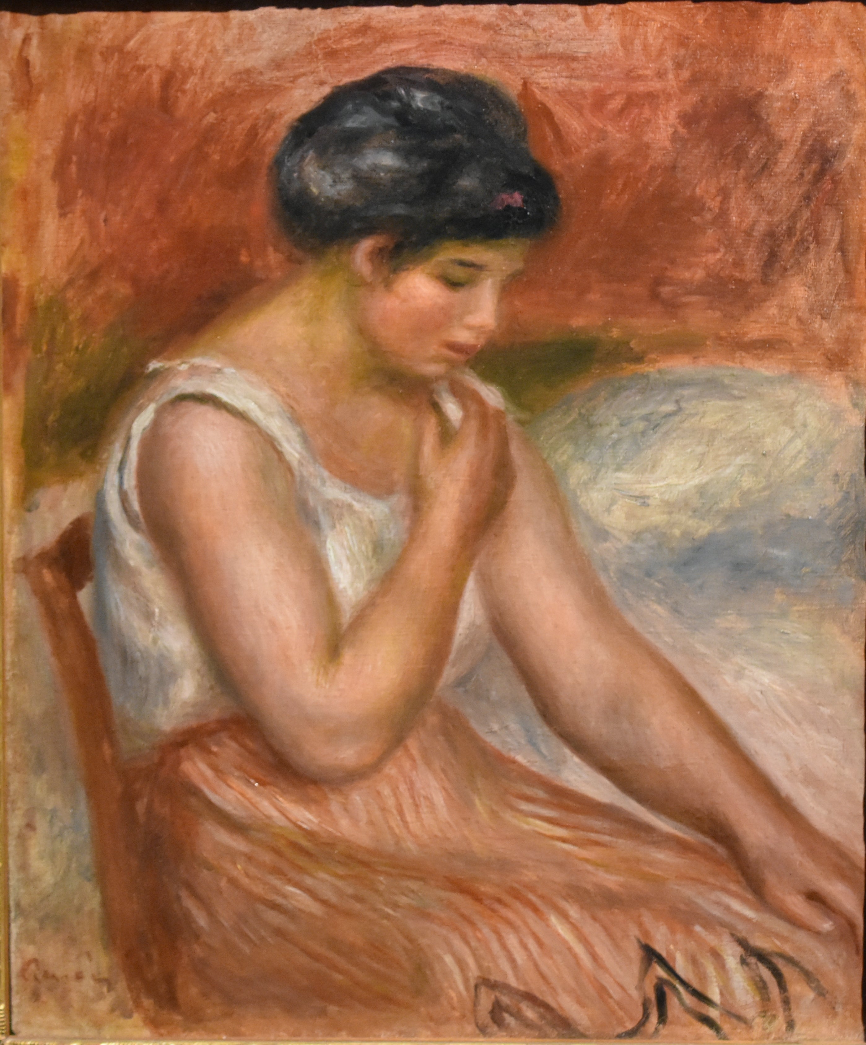 Reproduction du tableau « Fille assise en jupe rayée - Pierre-Auguste Renoir » par Alpha Reproduction en peinture à l’huile