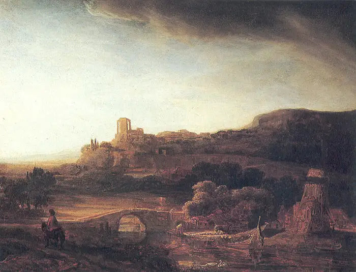 Reproduction du tableau « Paysage avec ruines et moulin à vent - Rembrandt » par Alpha Reproduction en peinture à l’huile