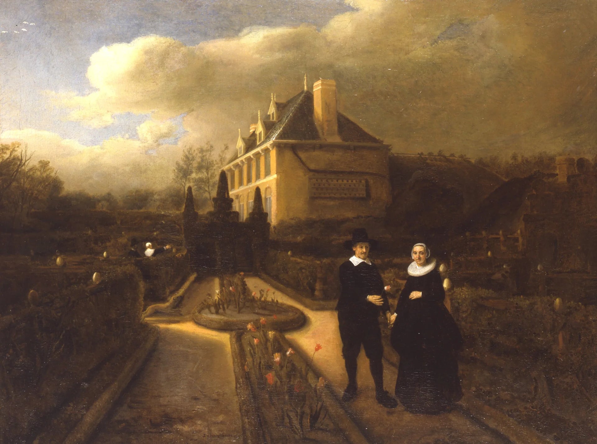 Portrait de Johan Cornelisz. Vijgeboom avec son épouse Anneke Joosten Boogaart dans le jardin de leur maison de campagne à Dubbeldam - Samuel van Hoogstraten image 1 copie de tableau peinte à la main