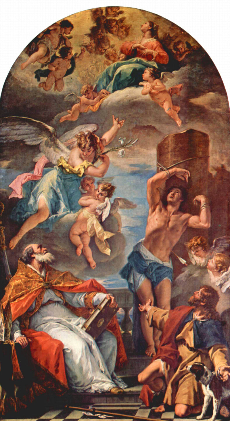 La Vergine Maria in gloria con l'arcangelo Gabriele e san Eusebio, san Sebastiano e san Rocco - Sebastiano Ricci