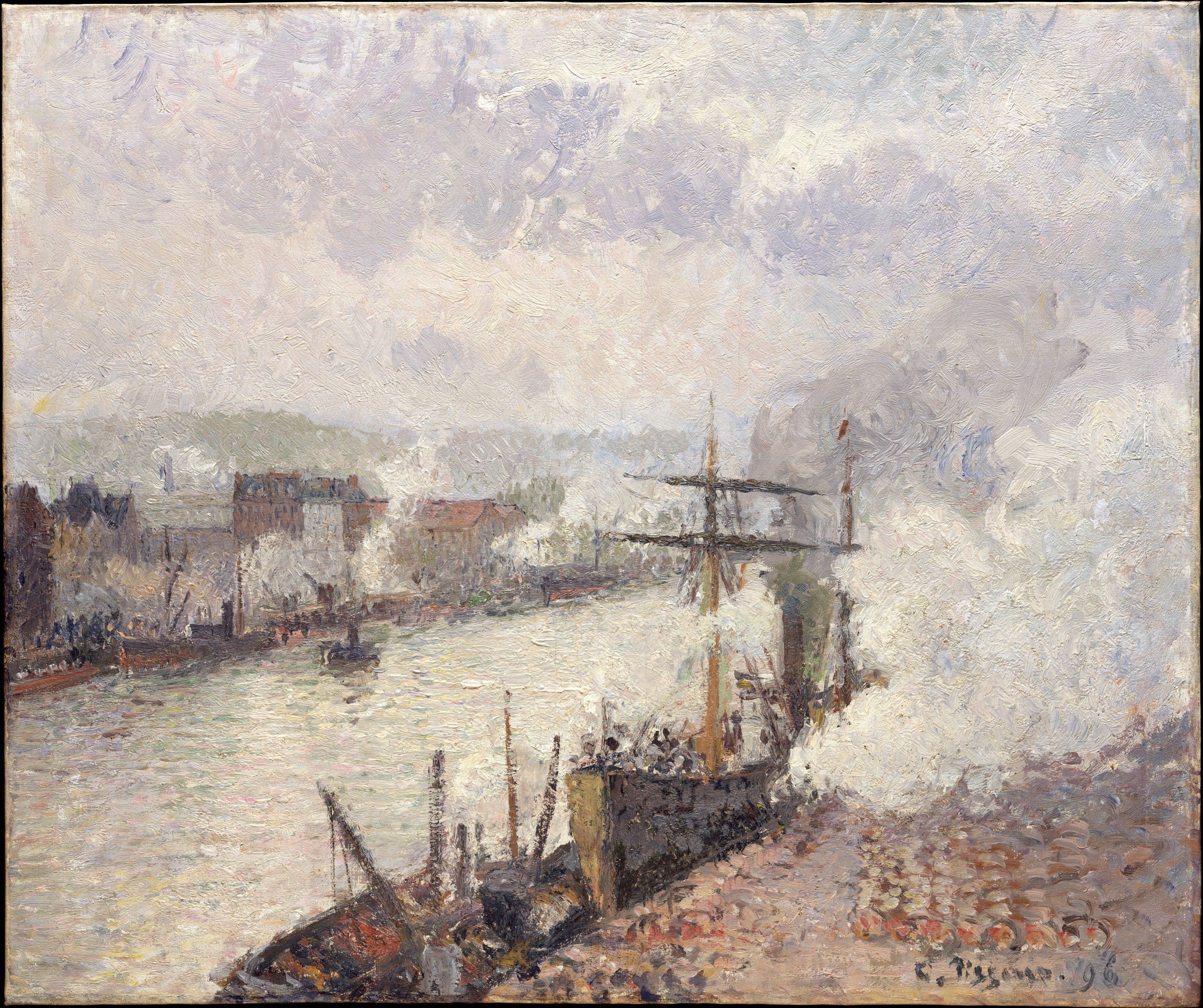 Reproduction du tableau « Bateaux à vapeur dans le port de Rouen - Camille Pissarro » par Alpha Reproduction en peinture à l’huile