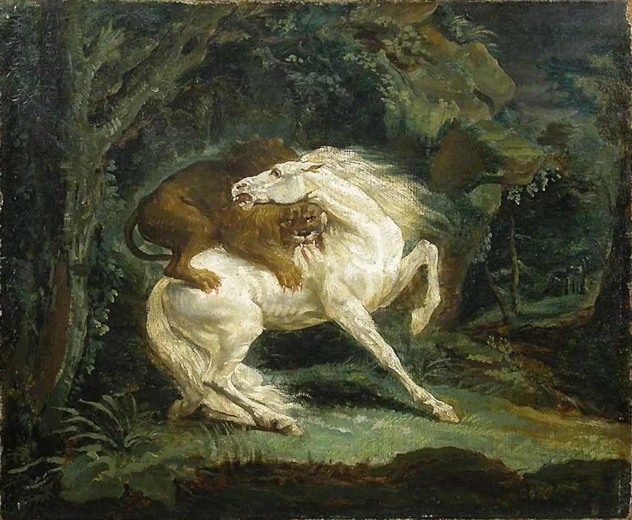 Reproduction du tableau « Cheval attaqué par un lion - Théodore Géricault » par Alpha Reproduction en peinture à l’huile