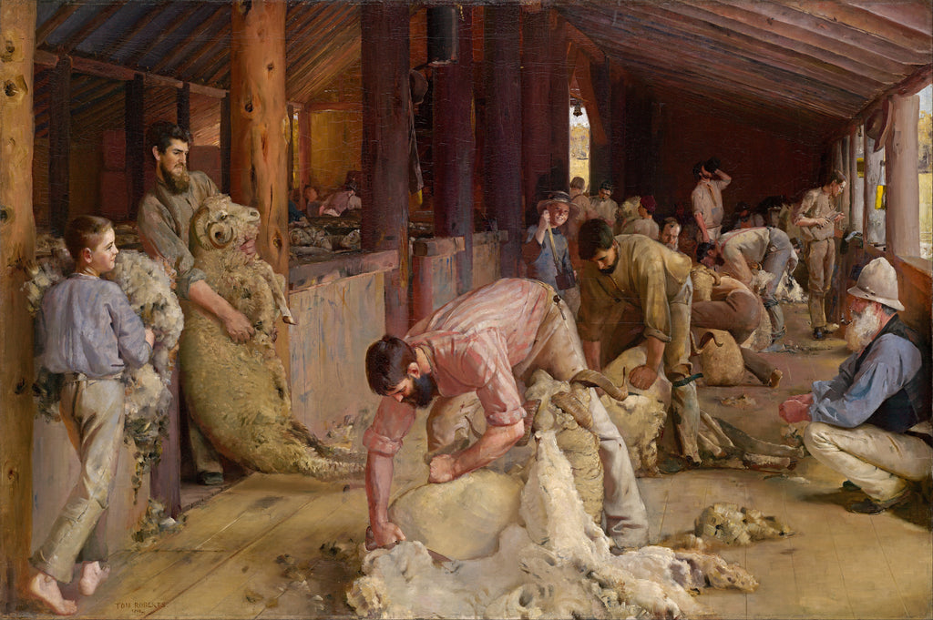 Tom Roberts, Shearing the rams, 1890, huile sur toile sur panneau de fibres, National Gallery of Victoria