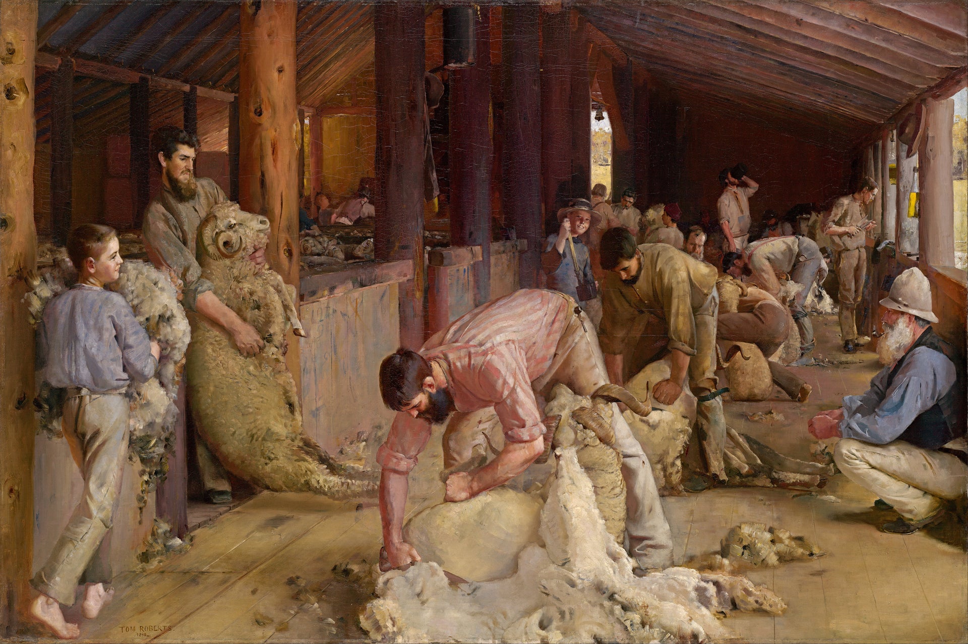 Tom Roberts, Shearing the rams, 1890, huile sur toile sur panneau de fibres, National Gallery of Victoria