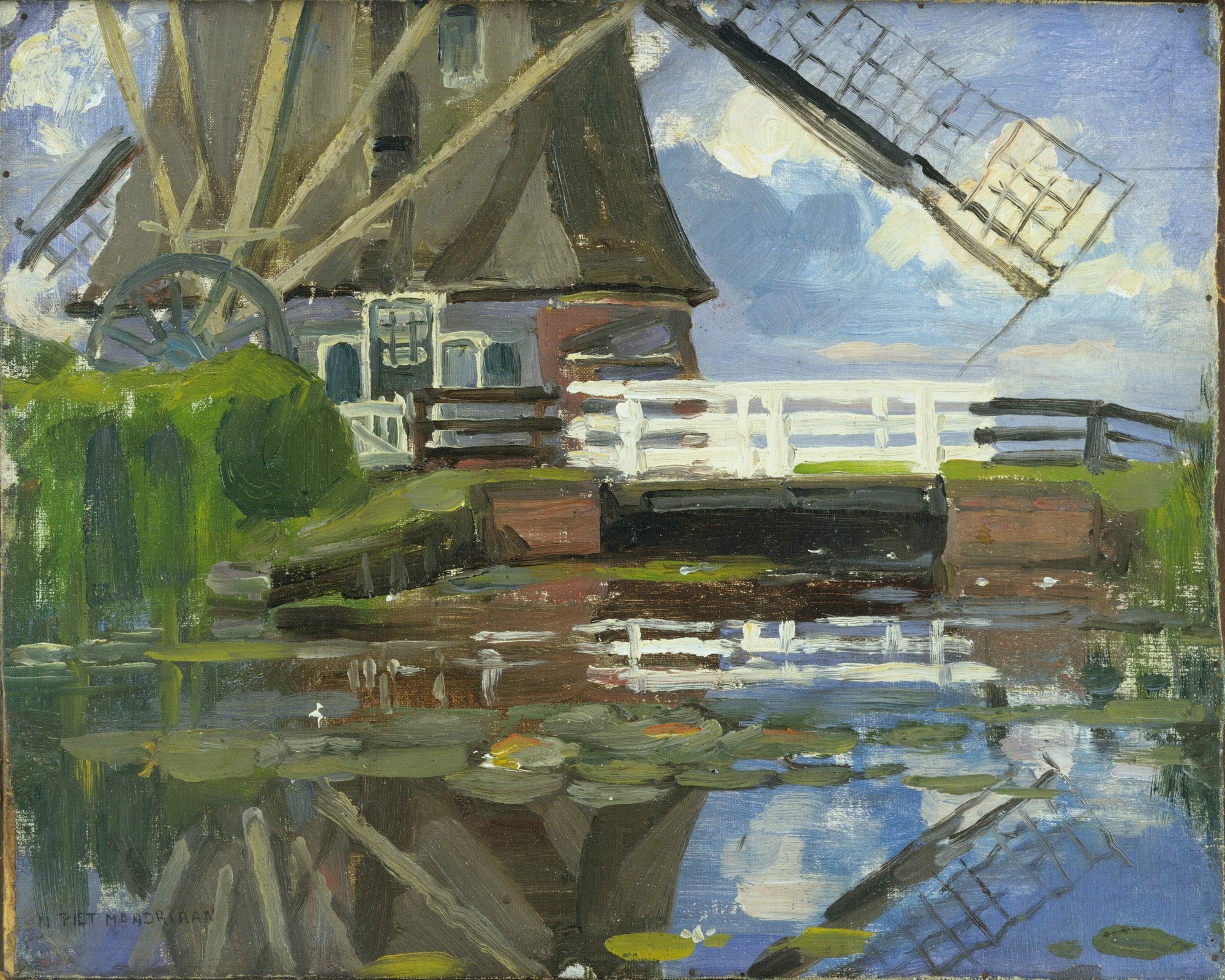 Reproduction du tableau « Vue tronquée du moulin Broekzijder sur les ailes Gein orientées vers l'ouest - Piet Mondrian » par Alpha Reproduction en peinture à l’huile