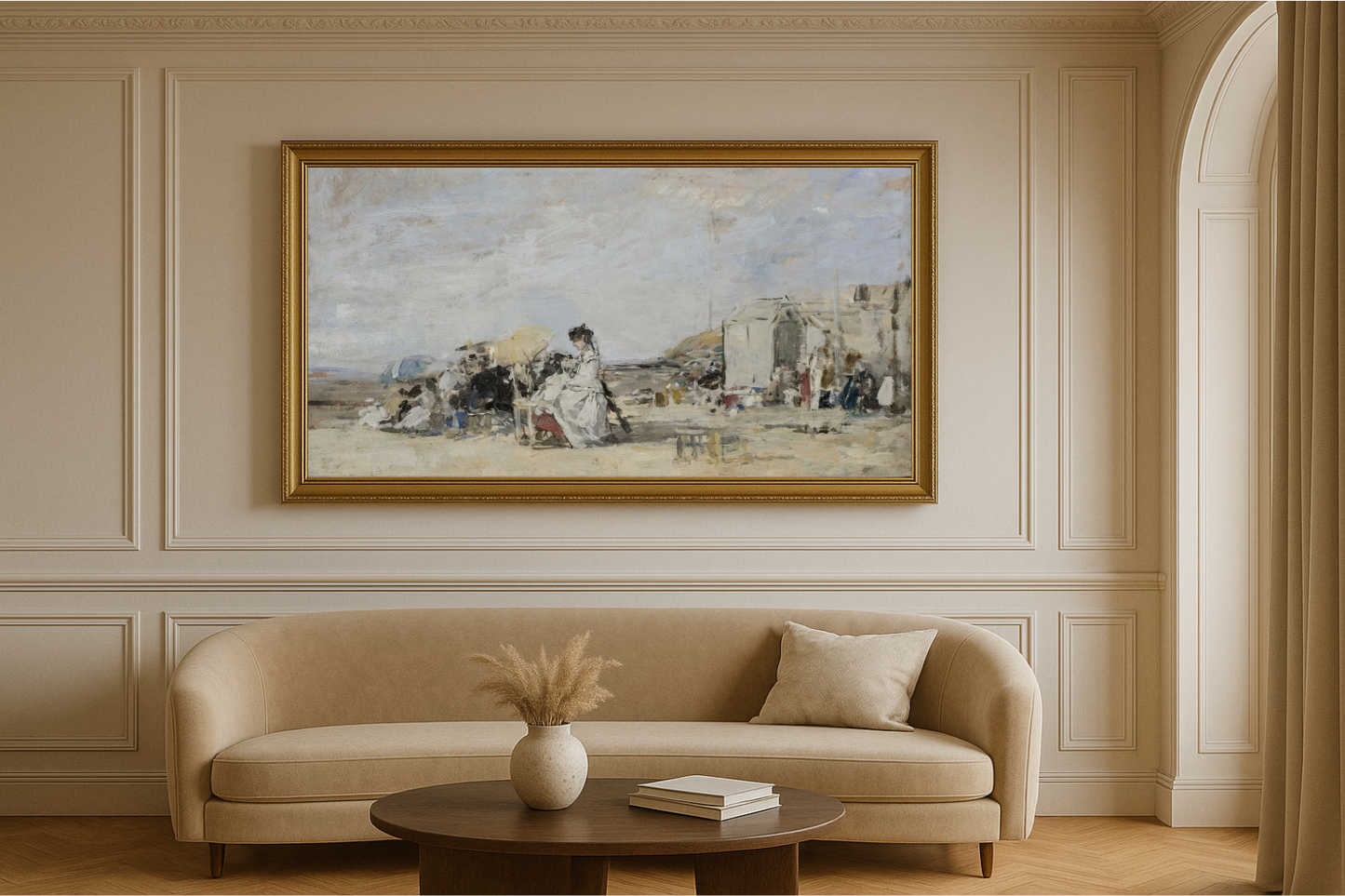 👒 Dame en blanc sur la plage de Trouville – Eugène Boudin (vers 1865–1870)