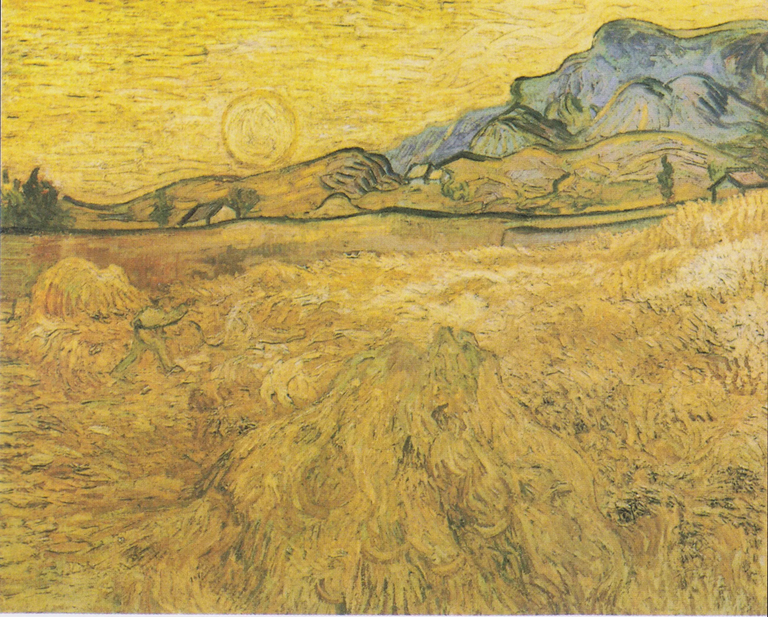 Reproduction du tableau « Champ de blé avec faucheuse et soleil - Vincent van Gogh » par Alpha Reproduction en peinture à l’huile