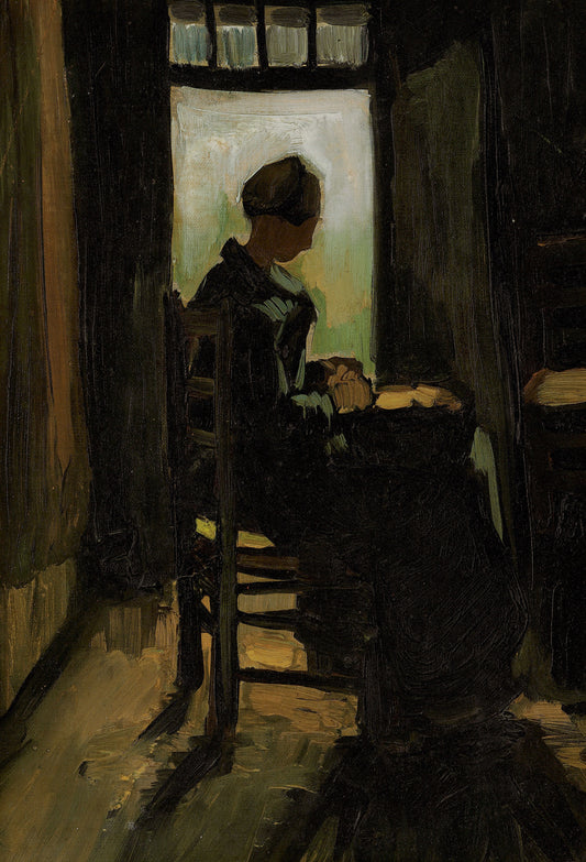 Reproduction du tableau « Paysanne assise devant une porte ouverte, épluchant des pommes de terre - Vincent van Gogh » par Alpha Reproduction en peinture à l’huile