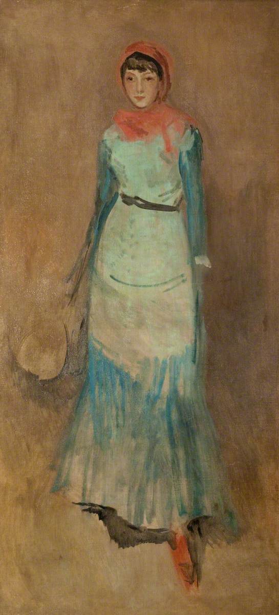 Reproduction du tableau « Harmonie en corail et bleu : Miss Finch - James Abbott McNeill Whistler » par Alpha Reproduction en peinture à l’huile