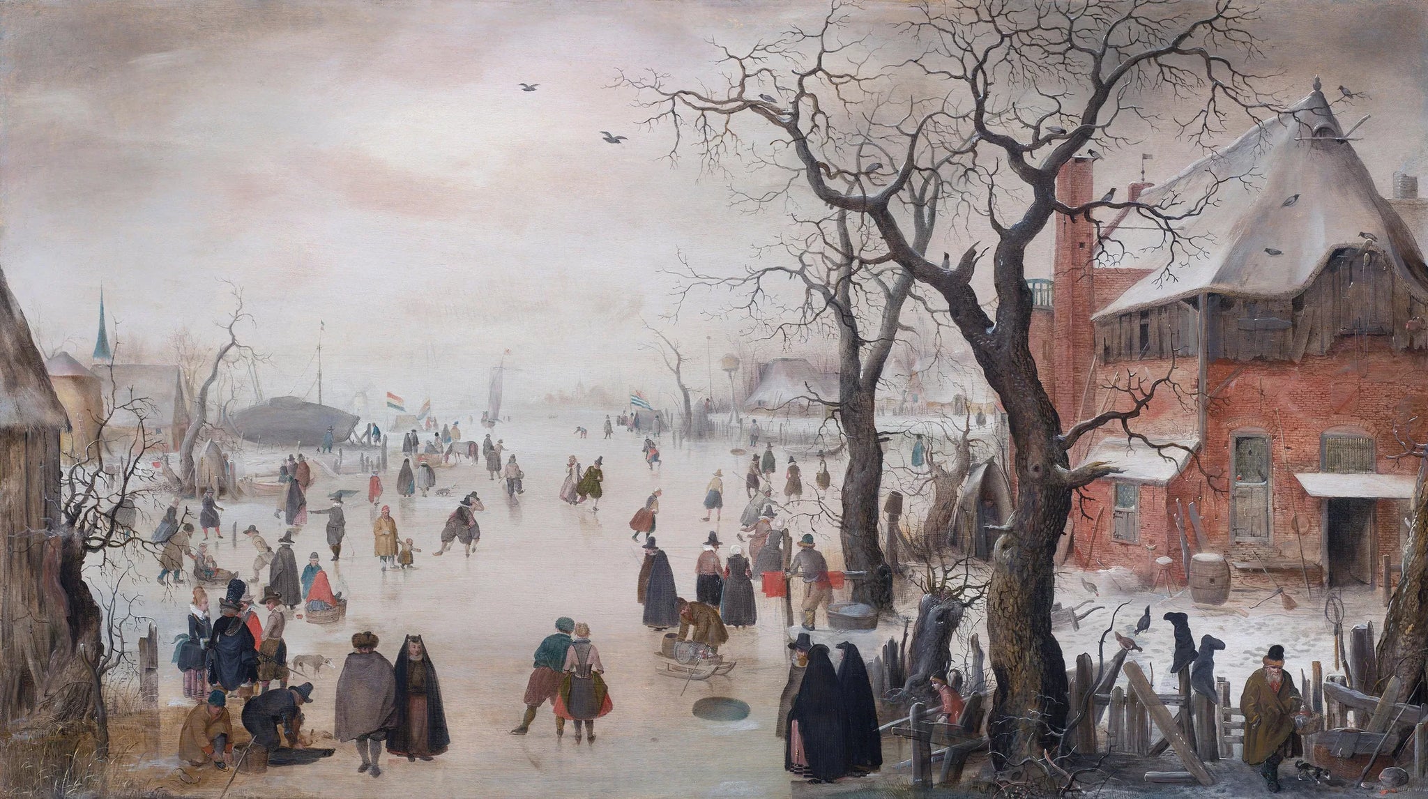 Paysage d'hiver avec des patineurs près d'un village - Hendrick Avercamp image 1 reproduction d’œuvre d’art à l’huile