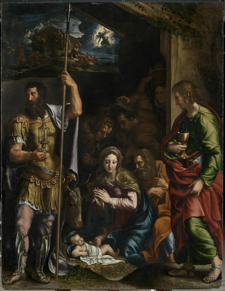 L'Adoration des bergers entre saint Jean l'Évangéliste et saint Longin (dans la partie supérieure, l'Annonce aux bergers) - aussi Jules Romain Giulio Romano