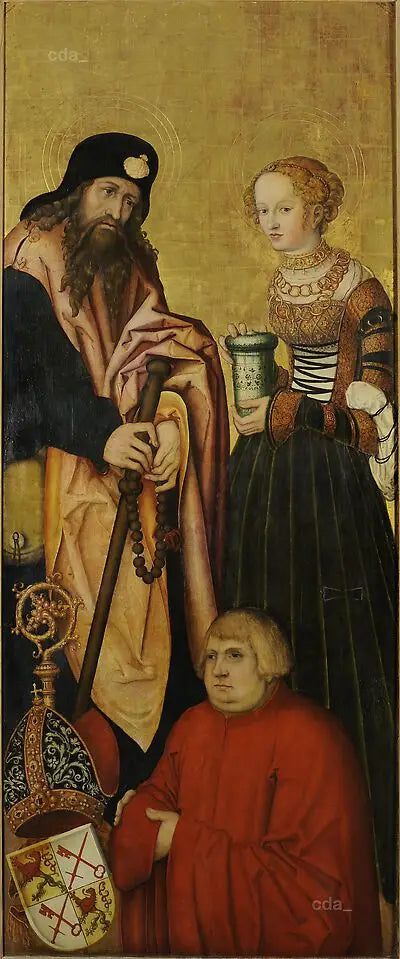 Ali del retablo del coro oeste de la catedral de Naumbourg [ala derecha] : el apóstol Santiago el Mayor y santa María Magdalena con el obispo Juan III de Schönberg (1492-1517) como donante [intérieur] - Lucas Cranach el Viejo