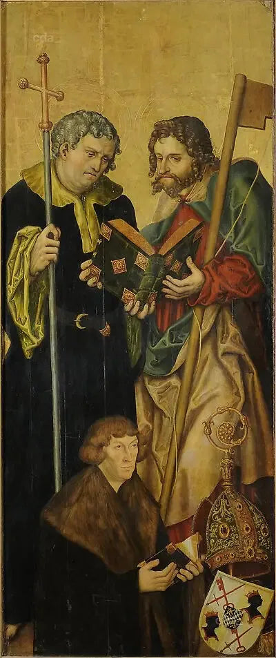 Ali delle predelle del coro ovest della cattedrale di Naumburg [ala sinistra] : l'apostolo Filippo e Giacomo il Minore con Filippo, conte palatino del Reno (1480-1541), vescovo di Freising (si - Lucas Cranach il Vecchio