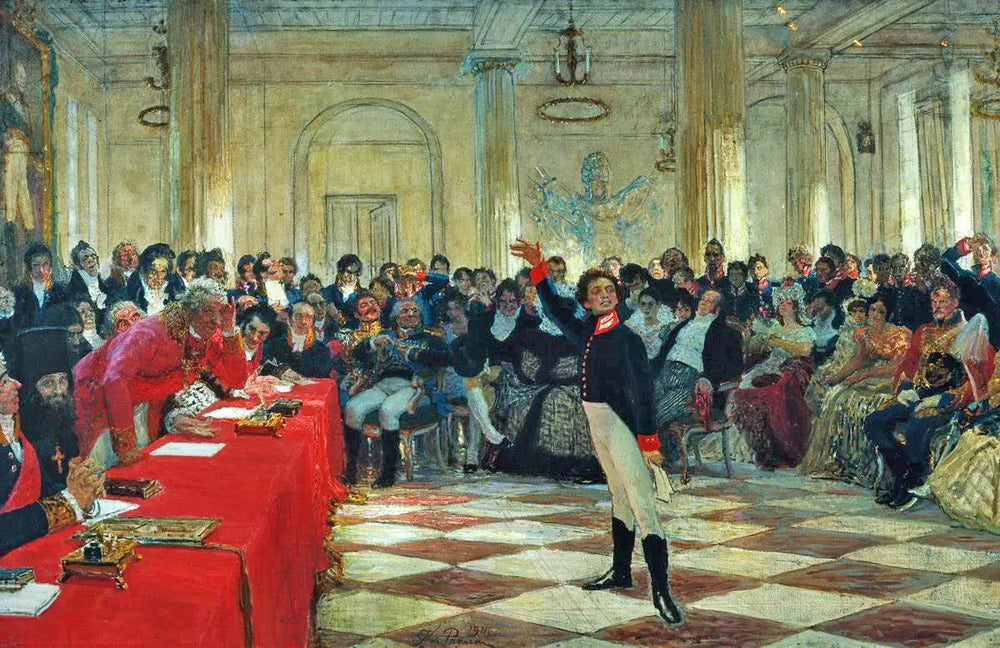 Alexandre Sergueïevitch Pouchkine récite son poème devant Gavrila Derjavin lors de l'examen du lycée de Tsarskoïe Selo le 8 janvier 1815. - Ilya Repin image 1 copie peinte à la main à l’huile