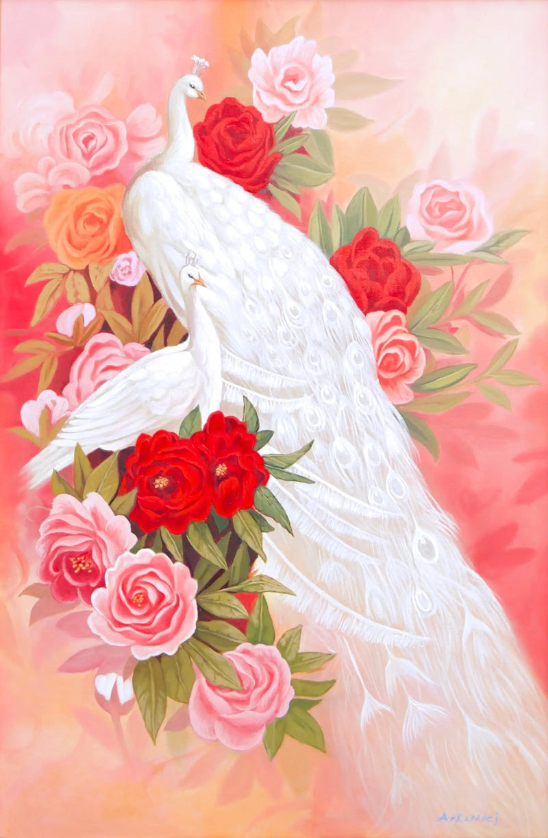 Amore e pavone bianco | Dimensioni: 60x90 cm