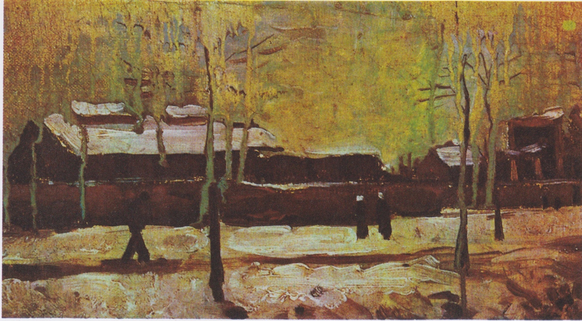 L’Ancienne Gare d’Eindhoven F67a — bâtiments ferroviaires, neige, arbres nus et trois figures par Vincent van Gogh
