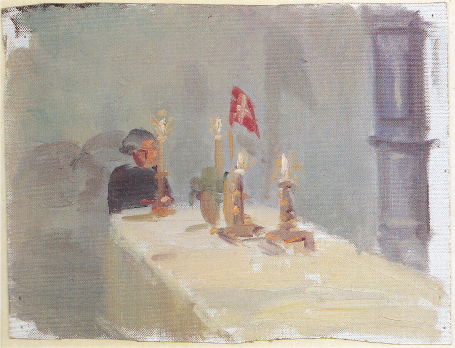 Compleanno. Una donna in fondo al tavolo con candele e una bandiera. - Anna Ancher