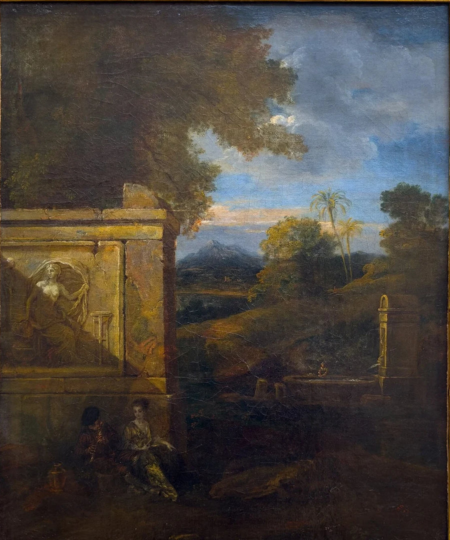 Paysage avec personnages près d’un monument, peinture d’Antoine Watteau