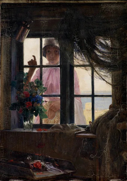 Dopo il bagno. Una giovane ragazza bussa alla finestra del pescatore. - Carl Heinrich Bloch