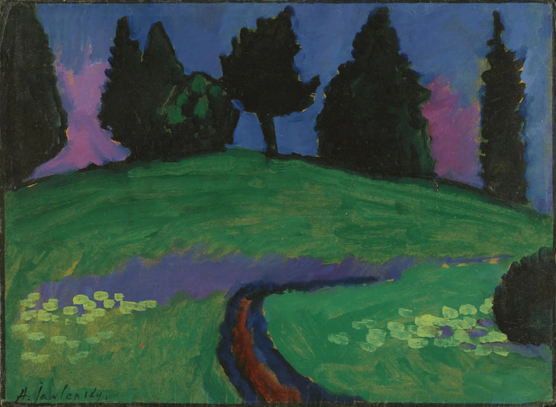 Alberi oscuri su una pendenza verde - Alexej von Jawlensky
