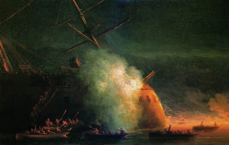 Attacco della miniera da parte di navi del transatlantico Grand-Duca Konstantin della corazzata turca Assari-Shevket sulla rada di Soukhoum il 12 agosto 1877 - Ivan Aïvazovski