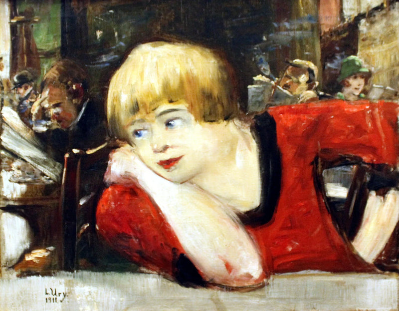 Al caffè, Donna in rosso - Lesser Ury