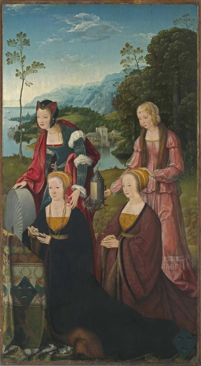 Altare di Marientod: Santa Christine e Gudula con le donatrici Christine e Sibilla Hackeney dietro; all’esterno: Santi Sebastiano e Rocco - Joos van Cleve