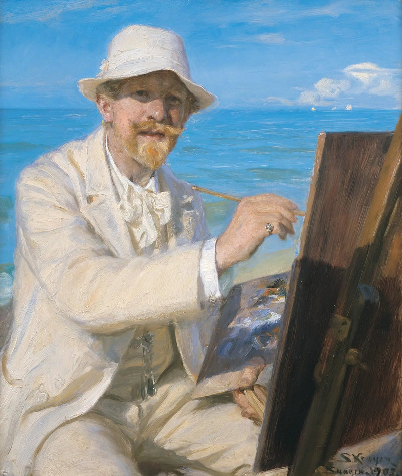 Autoritratto, seduto vicino al suo cavalletto sulla spiaggia di Skagen - Peder Severin Krøyer