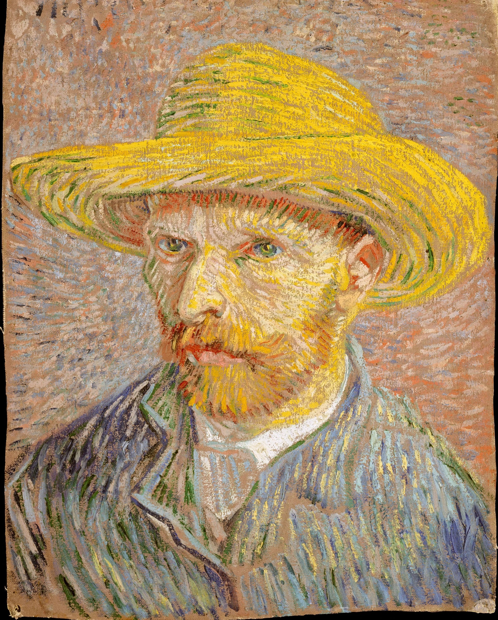 Autoportrait au chapeau de paille, F365v — visage roux et veste rayée peints par Vincent van Gogh à Paris