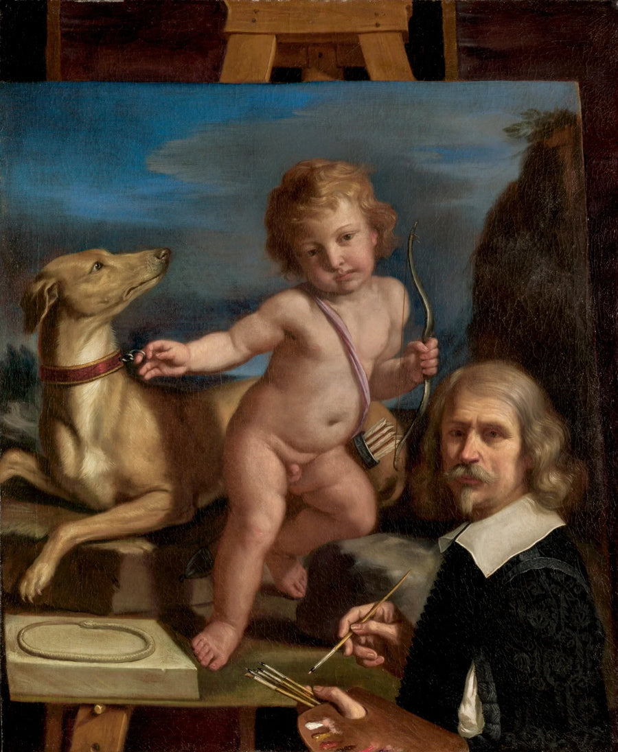 Autoritratto davanti a un quadro raffigurante « Amor Fedele » - Guercino