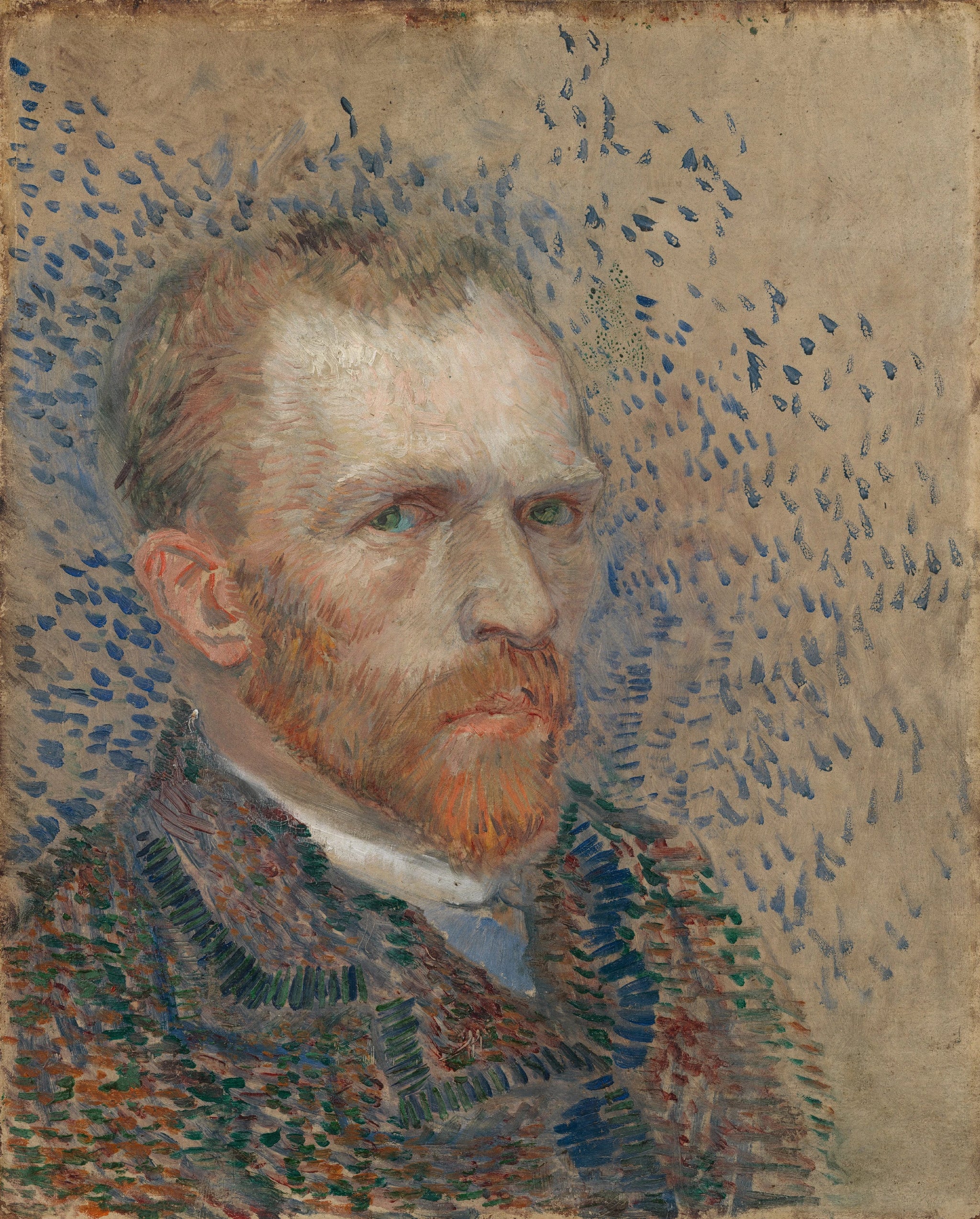 Autoportrait, F356 — Vincent van Gogh au regard intense devant un fond de touches bleues