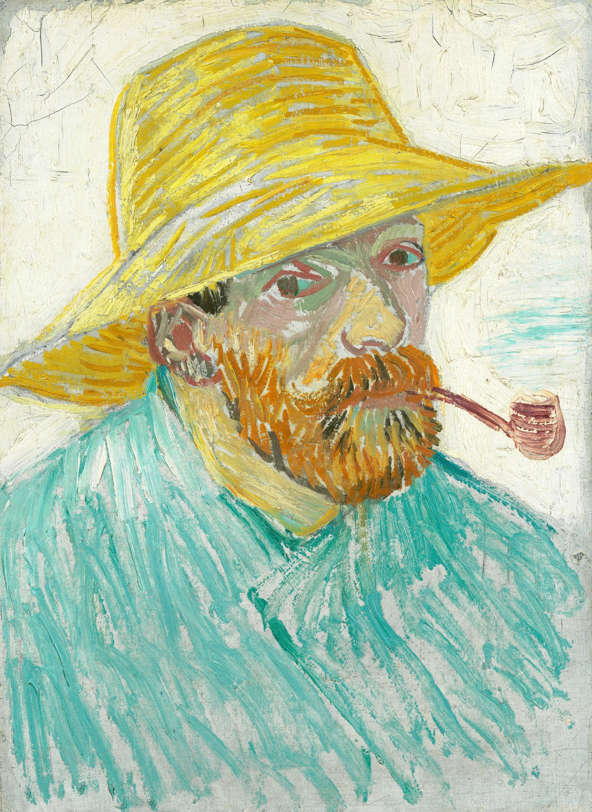 Autoportrait à la pipe et au chapeau de paille, F524 — Vincent van Gogh en blouse bleue devant un fond sombre