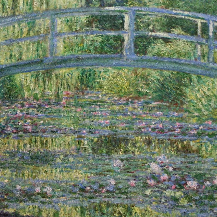Détail de la passerelle, des saules et des nymphéas dans l’Harmonie verte W1515 de Claude Monet