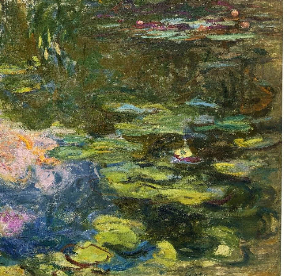 Détail des feuilles et du reflet sombre dans Le Bassin aux nymphéas W1897 de Claude Monet