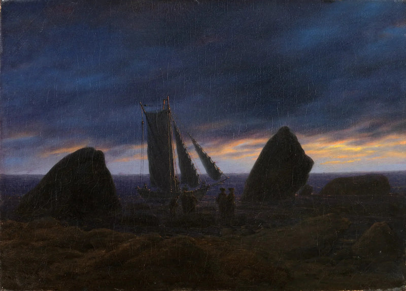 Barca da pesca tra due rocce sulla spiaggia del mare Baltico - Caspar David Friedrich